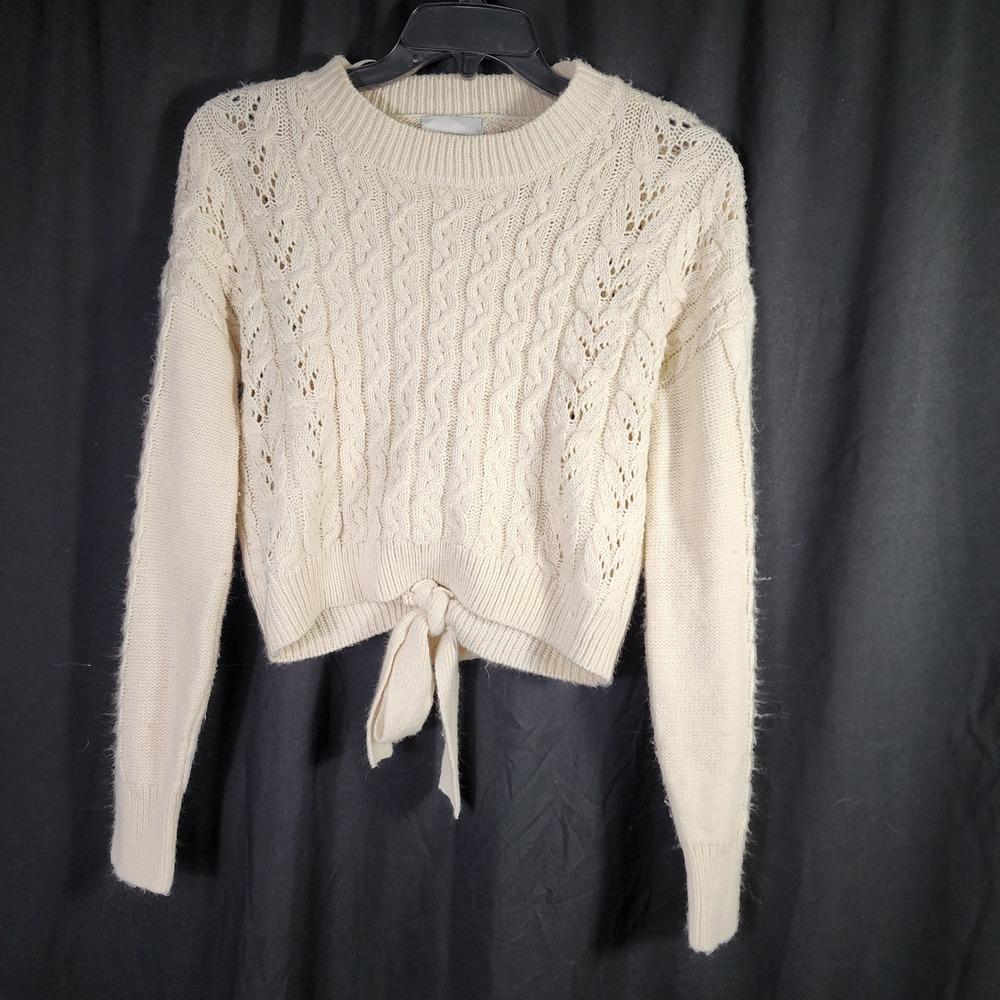 PINK ROSE Cream Cable‎ Knit Cropped Tie Front Sweater Size S Layering Boho